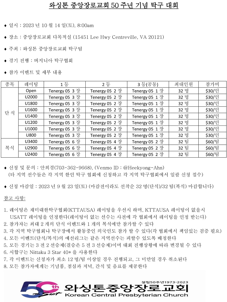 와싱톤 중앙장로교회 50주년기념 탁구대회